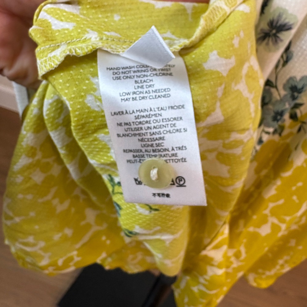 Anthropologie Blouse Womens L Yellow Tie Neck Floral Smocked Cuffs Boho Whimsy - Picture 7 of 8